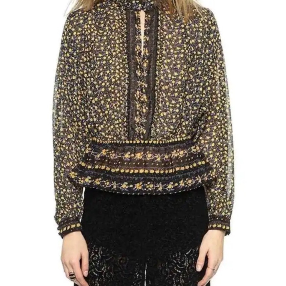 Free People Floral Beaded Peplum Blouse Yellow Purple Sheer Long Sleeve Top